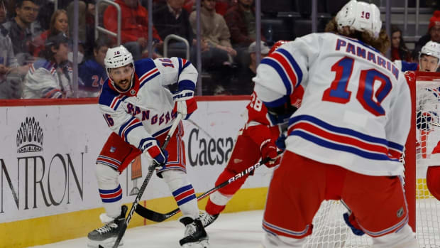 Nov 10, 2022; Detroit, Michigan, USA; New York Rangers left wing Artemi Panarin (10) skates with the puck in the first period against the Detroit Red Wings at Little Caesars Arena. Mandatory Credit: Rick Osentoski-USA TODAY Sports